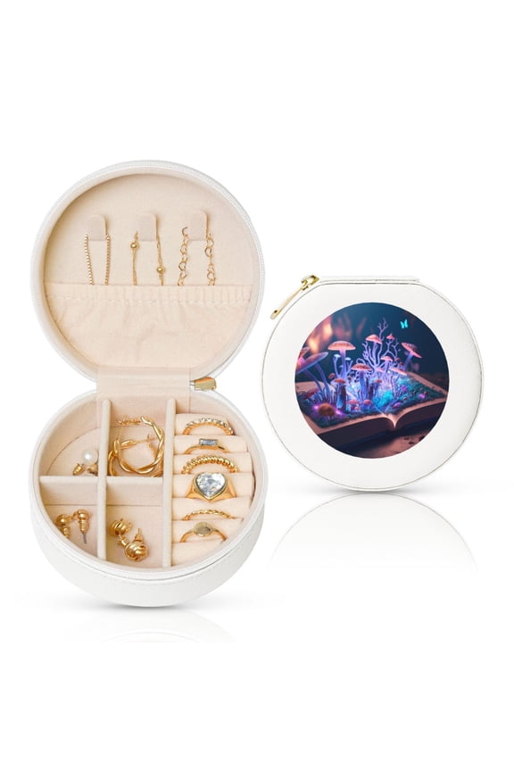 Book Glowing Mushrooms Round Jewelry Box, Travel Jewelry Organizer, 3.9 x 3.9 x 2in Jewelry Storage Box for Women-White