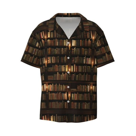 Naloa Bookshelves Men's Loose Fit Cuban Collar Short-Sleeve Shirt with Button-down and Chest Pocket for Everyday Wear Outings - XX-Large
