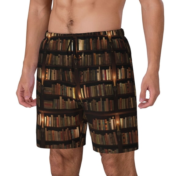 Naloa Bookshelves Print Men Swim Trunks with Compression Liner ,Board Shorts,Men's Swim Shorts with Drawstring and Elastic Waistband-Large