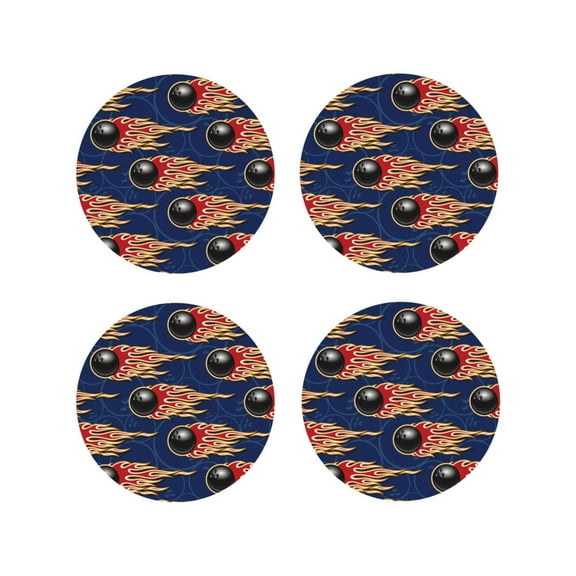 Naloa Bowling Ball And Flame Leather Coasters for Drinks, Durable Drink Coasters 4 Set for Tabletop Protection, Luxurious Home Décor and Housewarming Gift ( {designName})Round Shape