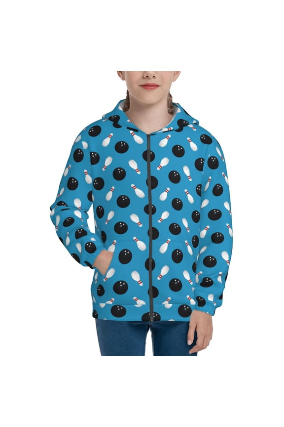 Bowling Balls Teenage Zipper Hoodie, Long Sleeve Zip Up Hoodies Casual Jackets Tops for 7-12 Years-Small