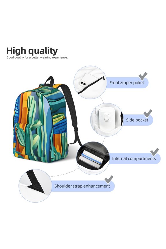 Bright Paper Cactus Scene Print Durable Canvas College Rucksack,Laptop Excursion Backpack,Travel Notebook School Backpack,Bookbag For Men Women