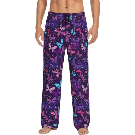 Naloa Bright Purple Butterflies Pajama Pants Men, PJ Bottoms, Sleep & Lounge Pants-XX-Large