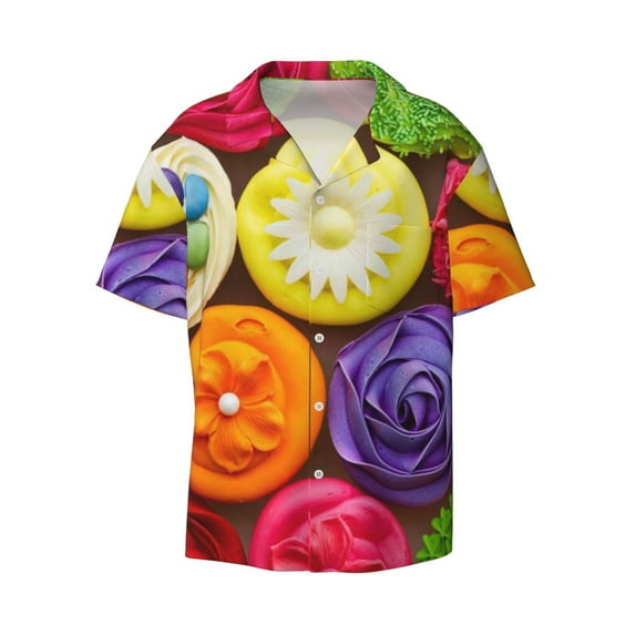 Naloa Brightly Colored Cupcakes Men's Loose Fit Cuban Collar Short-Sleeve Shirt with Button-down and Chest Pocket for Everyday Wear Outings - Small