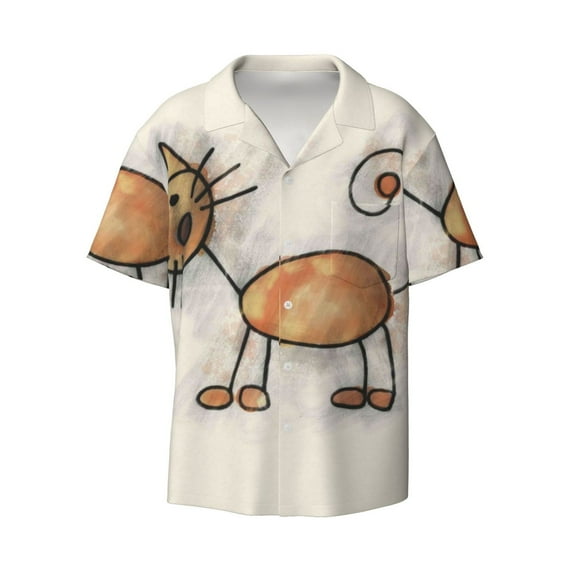 Naloa Brown Cat Cartoon Men's Loose Fit Cuban Collar Short-Sleeve Shirt with Button-down and Chest Pocket for Everyday Wear Outings - Medium