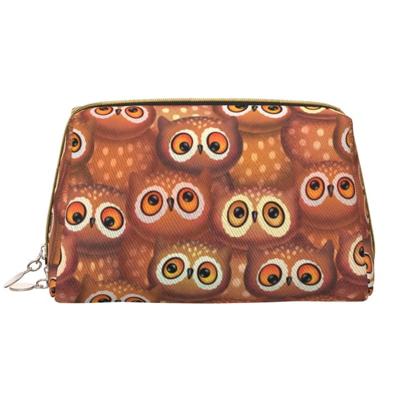 Naloa Brown Owl Leather Makeup Bag for Purse Travel, Portable Small Cosmetic Organizer for Women and Girls, Make up Bag with Zipper