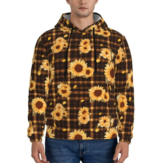 Naloa Brown Plaid Sunflower Men's Casual Hooded Collar Drawstring Hoodies Pullover Sweatshirts Casual Long Sleeve Shirts-