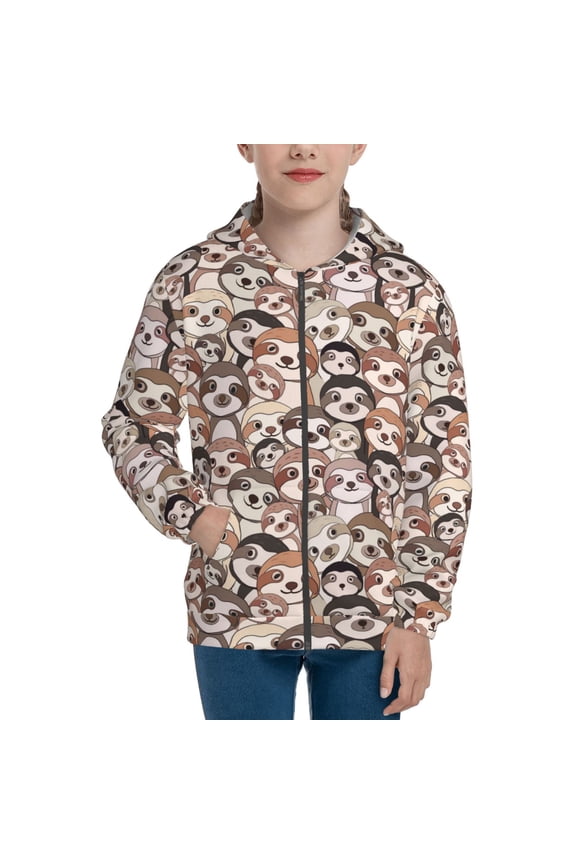 Brown Sloth Teenage Zipper Hoodie, Long Sleeve Zip Up Hoodies Casual Jackets Tops for 7-12 Years-Small