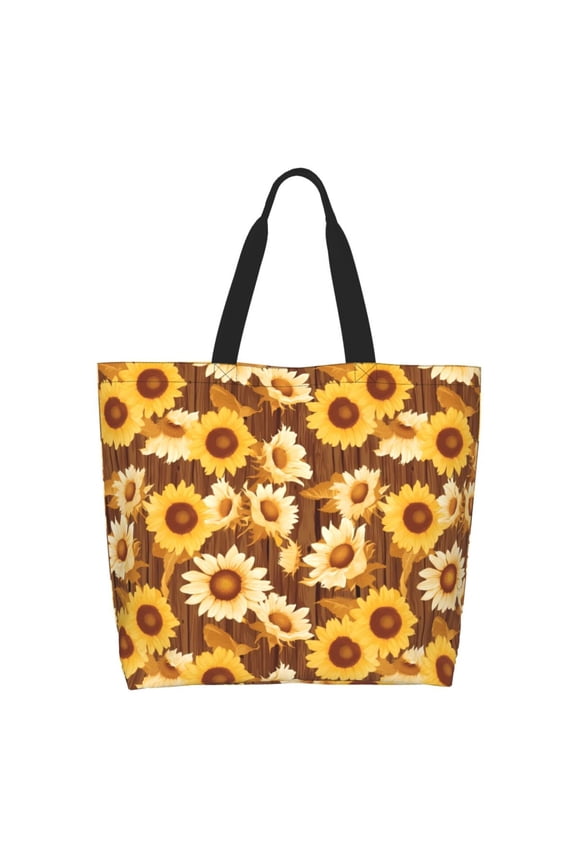 Brown Wood Grain Sunflower B Tote Bag for Women Large Capacity Shoulder Bag for College Work Travel Shopping