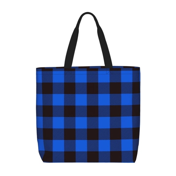 Naloa Buffalo Plaid Blue Black Tote Bag for Women, Foldable Tote Bag With Zipper, Large Shoulder Bag, Top Handle Handbag for Travel, Work, Shopping