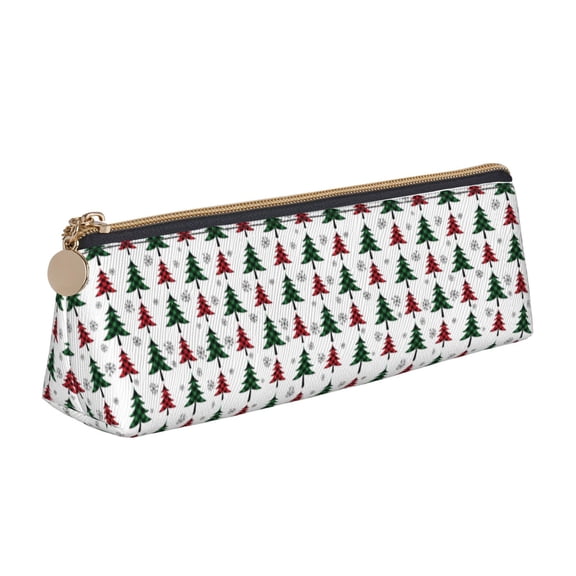 Naloa Buffalo Plaid Christmas Trees Print Leather Pencil Case - Portable Big Capacity Pencil Pouch Organizer Bag Stationery Bag for Work & Office Pencil Pen Case