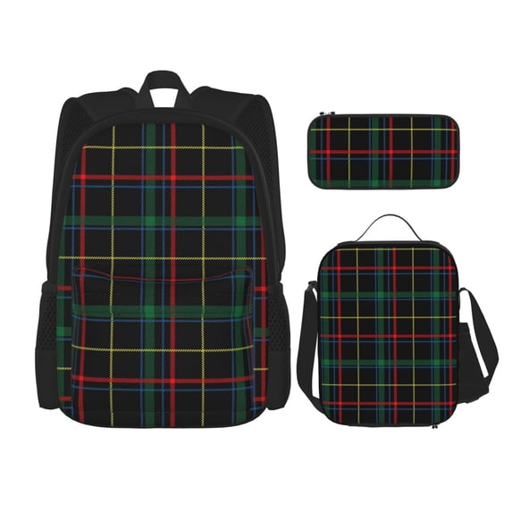 Naloa Buffalo Plaid Dark Green Print Large Capacity Backpack Lunch Bag Pencil Case Combination 3 Piece Set for Student