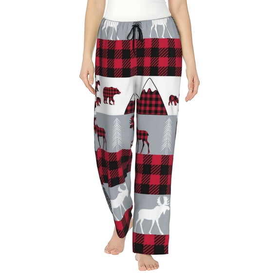 Naloa Buffalo Plaid Forest Print Women’s Ultra-Soft Comfy Pajama Lounge Pants with Pockets & Drawstring