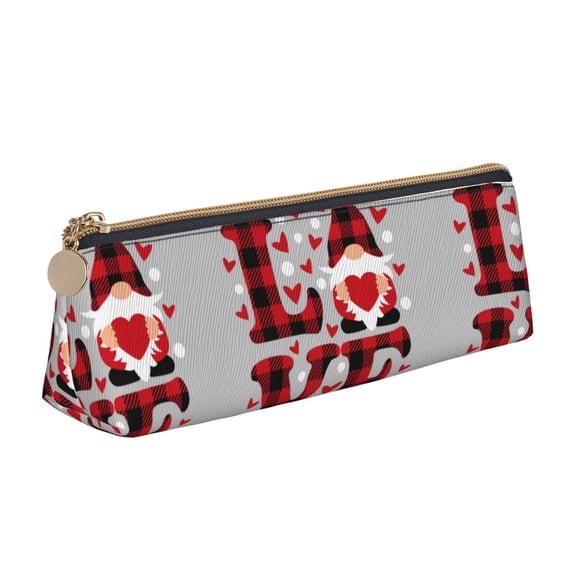 Naloa Buffalo Plaid Love And Gnome Print Leather Pencil Case - Portable Big Capacity Pencil Pouch Organizer Bag Stationery Bag for Work & Office Pencil Pen Case