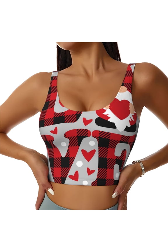Buffalo Plaid Love And Gnome Sports Bras for Women, High Support Bra with Removable Pads, Comfortable - XX-Large