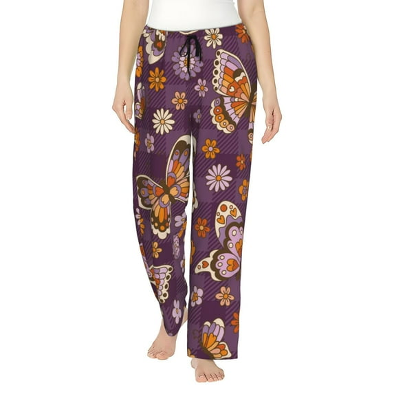 Naloa Buffalo Plaid and Butterflys Print Women’s Ultra-Soft Comfy Pajama Lounge Pants with Pockets & Drawstring