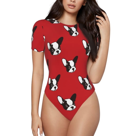 Naloa Bulldog Red Women's Short-Sleeved Onesie, One-Piece Swimsuit for Parties, dates, clubs - X-Large