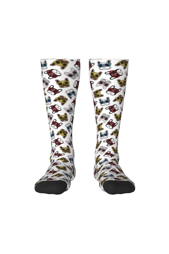 Bulldog Sunglasses Face Thigh High Socks Extra Long Stretchy Sock Women Over Knee High Opaque Stocking Daily Wear