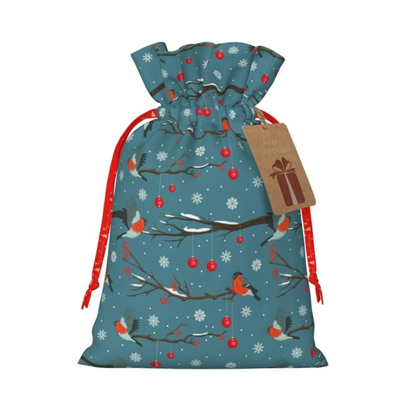 Naloa Bullfinches Branches And Balls Drawstring Christmas Bags, 3D Xmas Gift Bags, Christmas Wrapping Bags, Xmas Goodie Bags, Treat Pouch Bags, Party Favor Bags-Medium