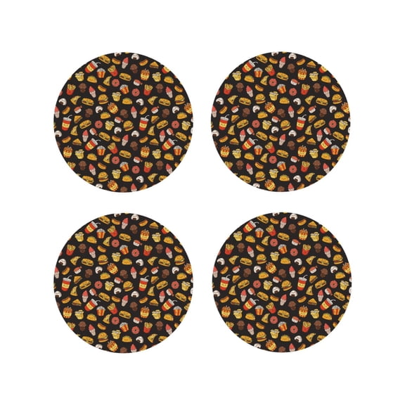 Naloa Burger Fries Leather Coasters for Drinks, Durable Drink Coasters 4 Set for Tabletop Protection, Luxurious Home Décor and Housewarming Gift ( {designName})Round Shape