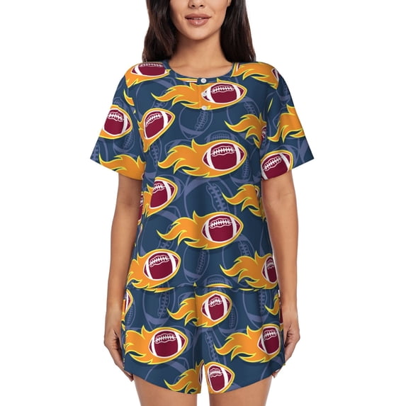 Naloa Burning Rugby Balls Women's Short-Sleeved Pajama Set, Loungewear, Summer pajamas, Breathable Cozy - X-Large