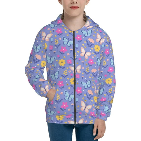 Naloa Butterflies And Flowers Teenage Zipper Hoodie, Long Sleeve Zip Up Hoodies Casual Jackets Tops for 7-12 Years-Medium