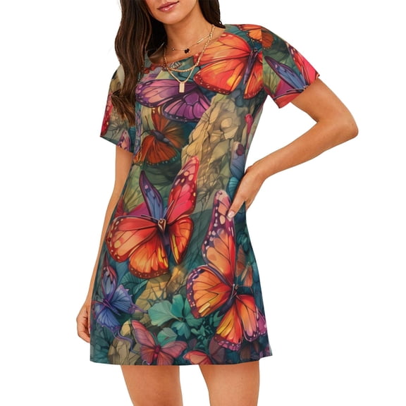 Naloa Butterflies On Rocky Cliff Print Women Nightgowns,Womens Loungewear,Short Sleeve Sleepwear,Comfy Ladies Nightdress