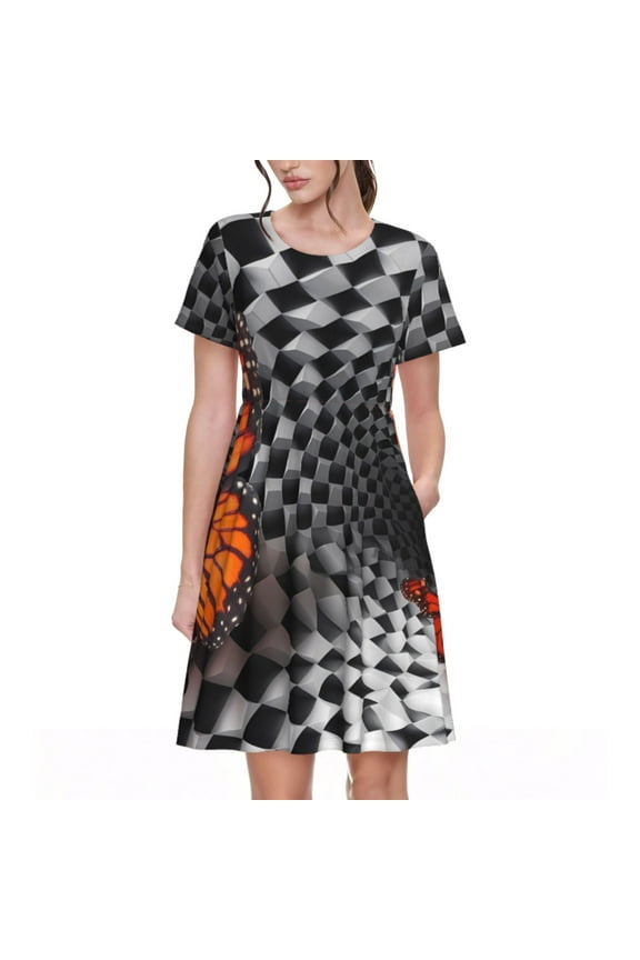 Butterflies Optical Illusion Print Womens Summer A-Line Dress with Pockets,Short Sleeve Dresses,Flowy Beach Swing Dress for Vacation Travel