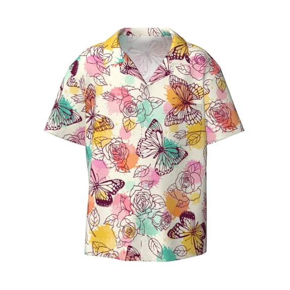 Naloa Butterflies and Roses Men's Loose Fit Cuban Collar Short-Sleeve Shirt with Button-down and Chest Pocket for Everyday Wear Outings - Medium