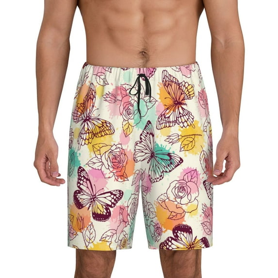 Naloa Butterflies and Roses Men's Short Pajama Pants, Lounge Comfort Shorts with Elasticized Waistband and Side Pockets - 3X-Large