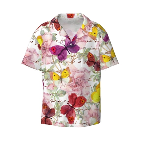 Naloa Butterflies and Vintage Men's Loose Fit Cuban Collar Short-Sleeve Shirt with Button-down and Chest Pocket for Everyday Wear Outings - 4X-Large