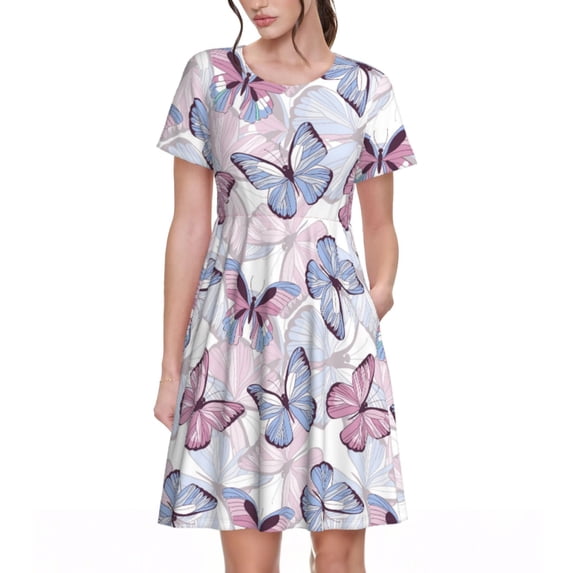 Naloa Butterflies in Pastel Print Womens Summer A-Line Dress with Pockets,Short Sleeve Dresses,Flowy Beach Swing Dress for Vacation Travel