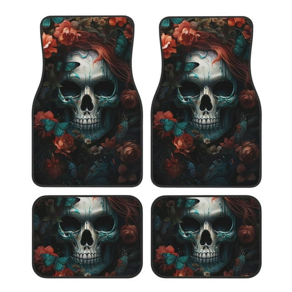 Naloa Butterfly Flower Skull Car Foot Mat Set of 4 Pieces - Universal Floor Liner Neoprene Full Set Floor Mats for Cars Trucks SUV