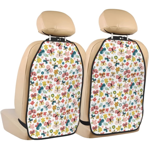 Naloa Butterfly Flowers 2Pcs Anti-Kick Back Seat Cover Kick Mat, Car Seat Protector with 3 Storage Pockets