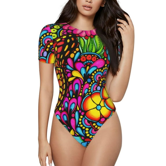 Naloa Butterfly Garden Bodysuits for Women, Women's Short-Sleeved Onesie, One-Piece for Parties, dates, clubs-Medium
