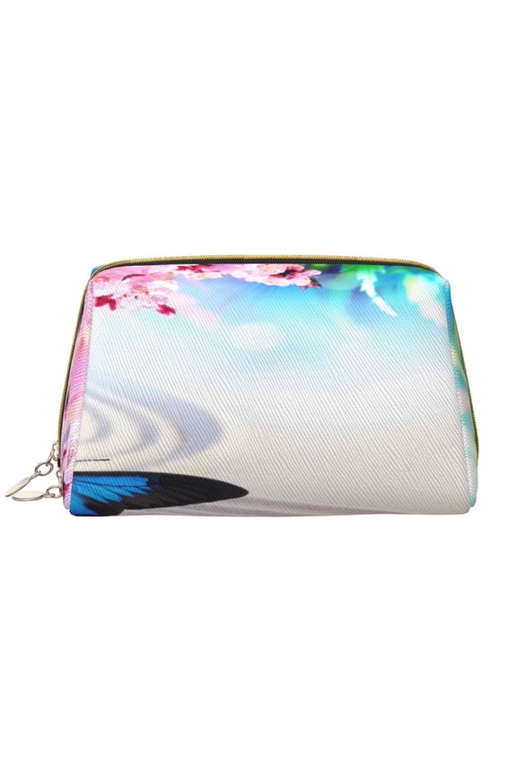 Butterfly In Blossoms Zen Leather Makeup Bag for Purse Travel, Portable Small Cosmetic Organizer for Women and Girls, Make up Bag with Zipper