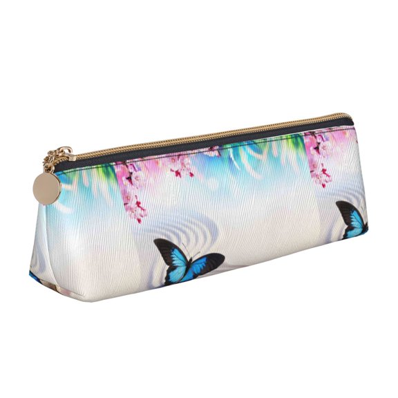 Naloa Butterfly In Blossoms Zen Print Leather Pencil Case - Portable Big Capacity Pencil Pouch Organizer Bag Stationery Bag for Work & Office Pencil Pen Case