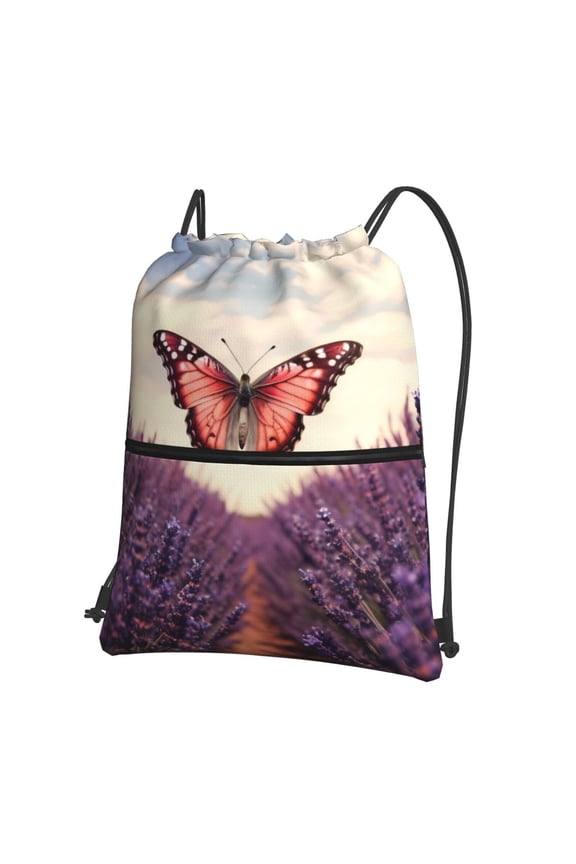 Butterfly Over Lavender Drawstring Backpack String Bag Cinch Water Resistant for Gym Shopping Sport Yoga