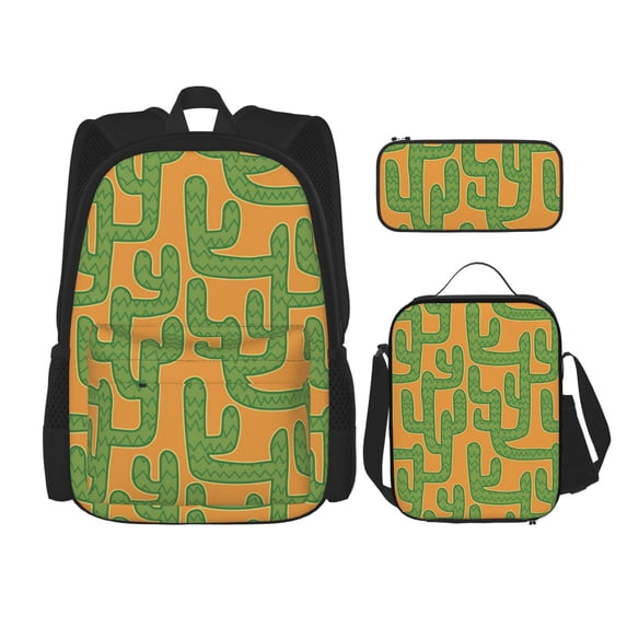 Naloa Cactus 2 Print Large Capacity Backpack Lunch Bag Pencil Case Combination 3 Piece Set for Student
