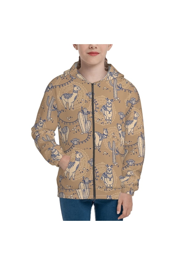 Cactus Alpaca Teenage Zipper Hoodie, Long Sleeve Zip Up Hoodies Casual Jackets Tops for 7-12 Years-Small