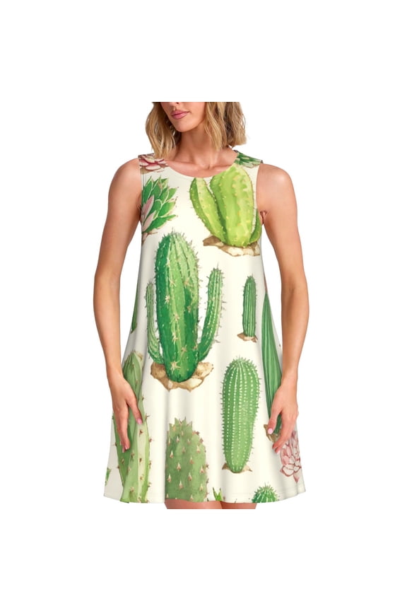 Cactus And Succulent Print Women's Summer Spring Casual Beach Sundress,Vacation Sleeveless Tank Crewneck Loose Dresses