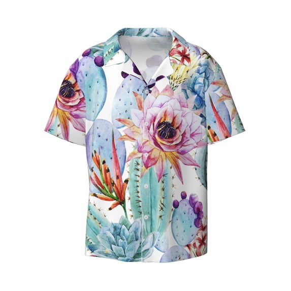 Naloa Cactus Men's Loose Fit Cuban Collar Short-Sleeve Shirt with Button-down and Chest Pocket for Everyday Wear Outings - 4X-Large