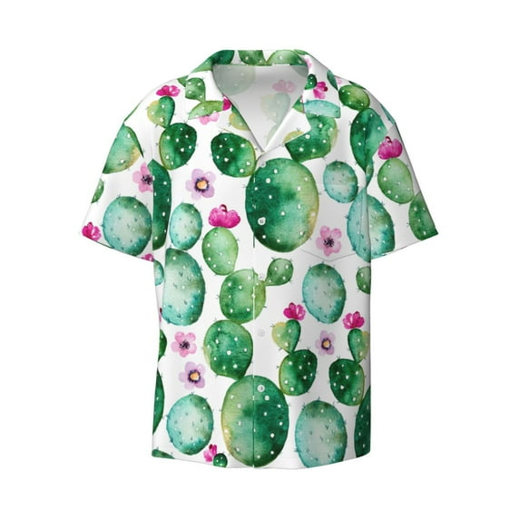 Naloa Cactus Plants Men's Loose Fit Cuban Collar Short-Sleeve Shirt with Button-down and Chest Pocket for Everyday Wear Outings - 3X-Large