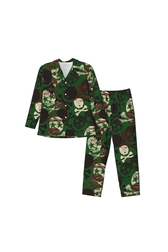 Camouflage Skull Men’s Pajamas Set - Long Sleeve Button Down Sleep Shirt and Pajama Bottoms Sleepwear Set-X-Large