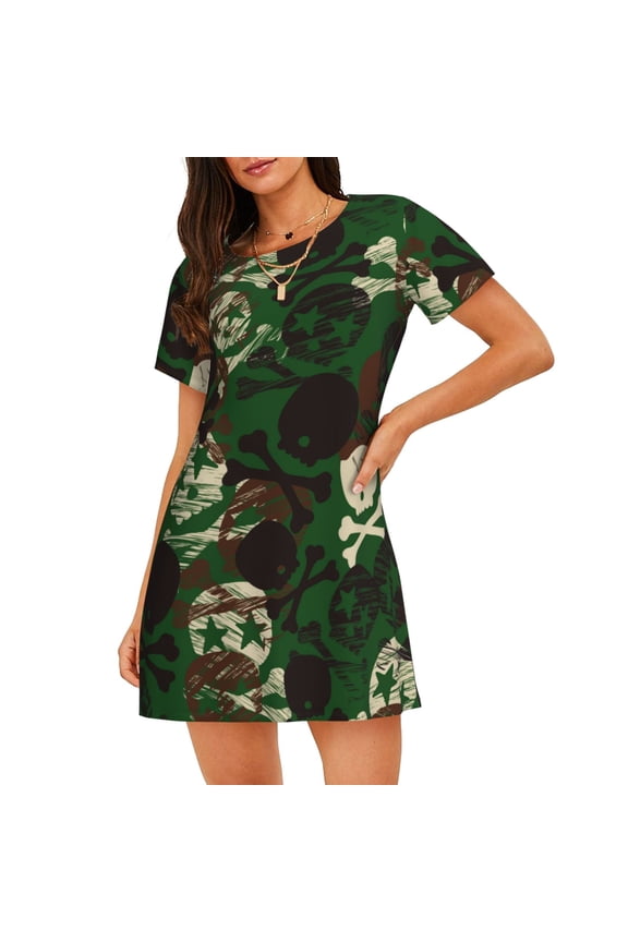 Camouflage Skull Print Women Nightgowns,Womens Loungewear,Short Sleeve Sleepwear,Comfy Ladies Nightdress
