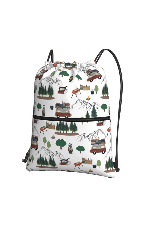 Camping Caravan 2 Drawstring Backpack String Bag Cinch Water Resistant for Gym Shopping Sport Yoga