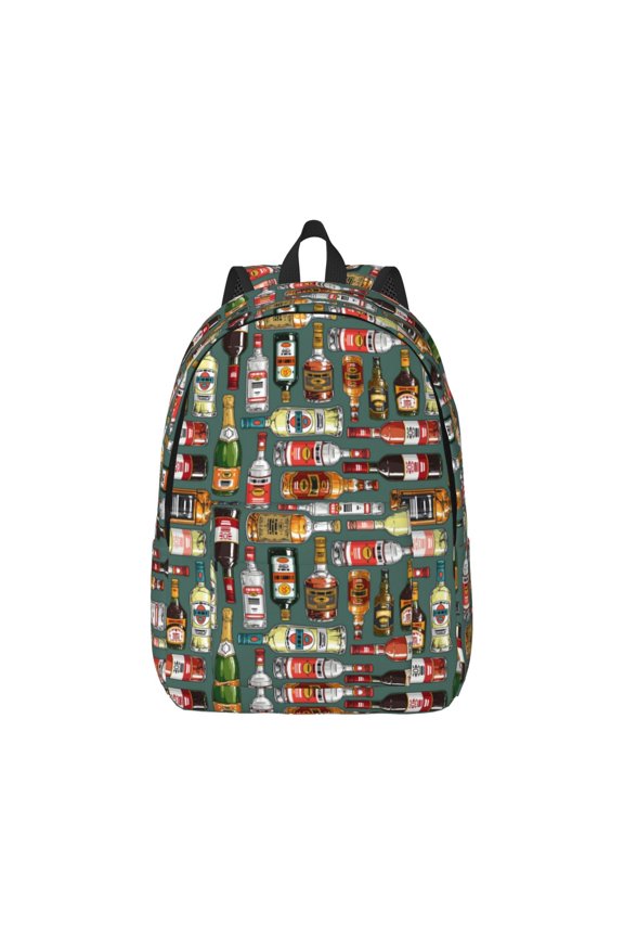 Canvas Backpack for Men Women Alcohol Bottles Print Rucksack Casual Travel Daypack Large and Small Durable College Tote Satchel Bookbag for Teens