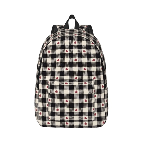 Naloa Canvas Backpack for Men Women Black Plaid Heart Print Rucksack Casual Travel Daypack Large and Small Durable College Tote Satchel Bookbag for Teens