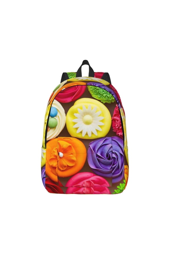 Canvas Backpack for Men Women Brightly Colored Cupcakes Print Rucksack Casual Travel Daypack Large and Small Durable College Tote Satchel Bookbag for Teens