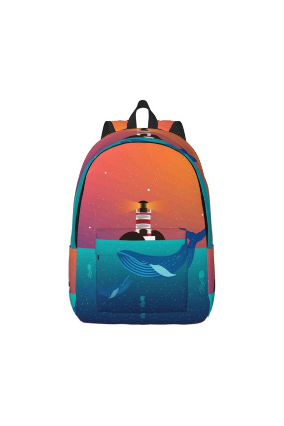 Canvas Backpack for Men Women Lighthouse and Whale Print Rucksack Casual Travel Daypack Large and Small Durable College Tote Satchel Bookbag for Teens